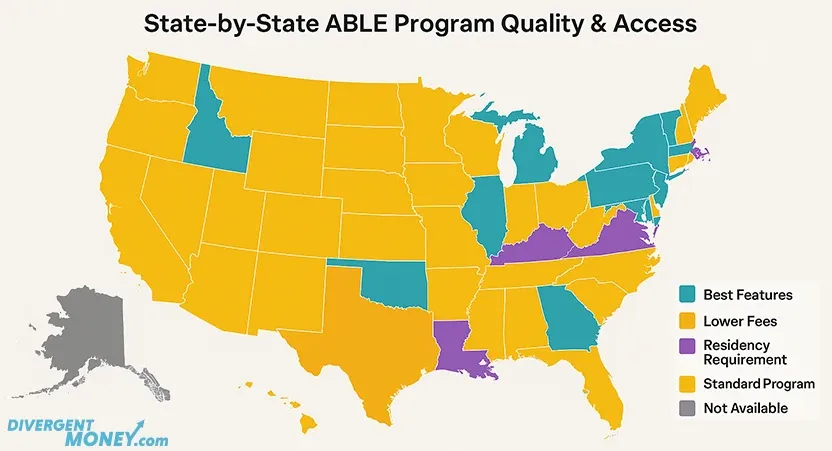 Map of the United States with state-by-state ABLE program variations, showing which states have the best features