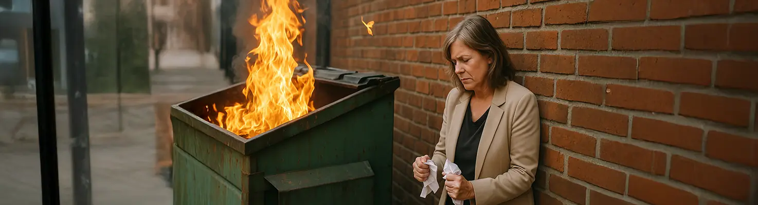 photo of a financially defeated woman next to a dumpster fire