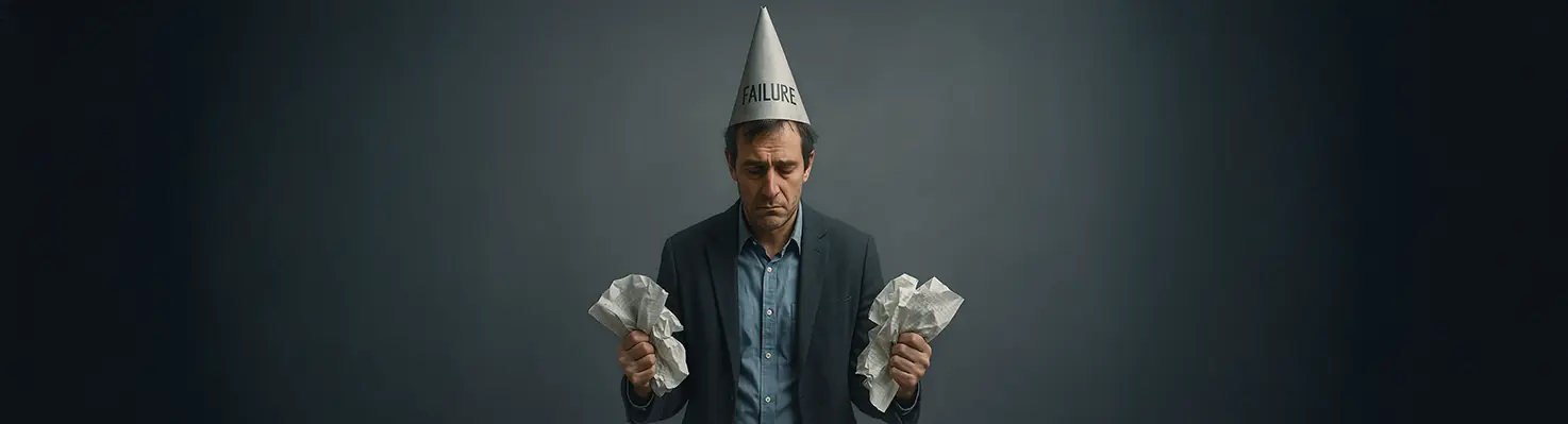 a man wearing a dunce cap holding crumpled financial paper, feeling like a failure