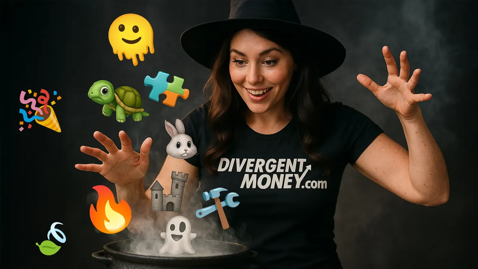A woman in a DivergentMoney.com t-shirt dressed as a witch invoking Money Type emojis