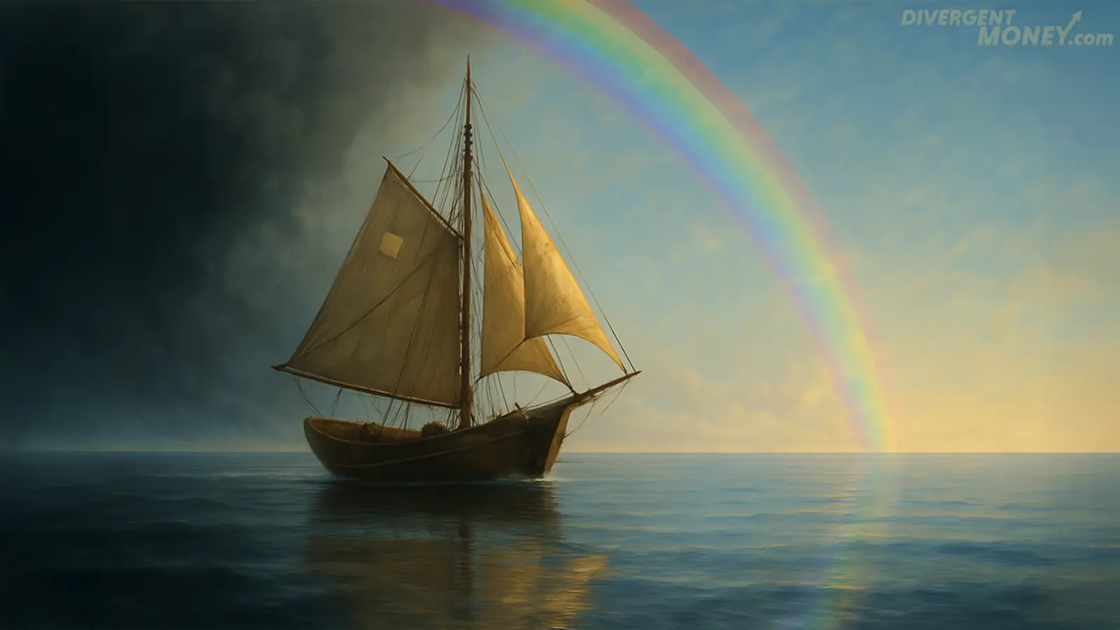 A ship sailing free of a tempest into clear calm waters.