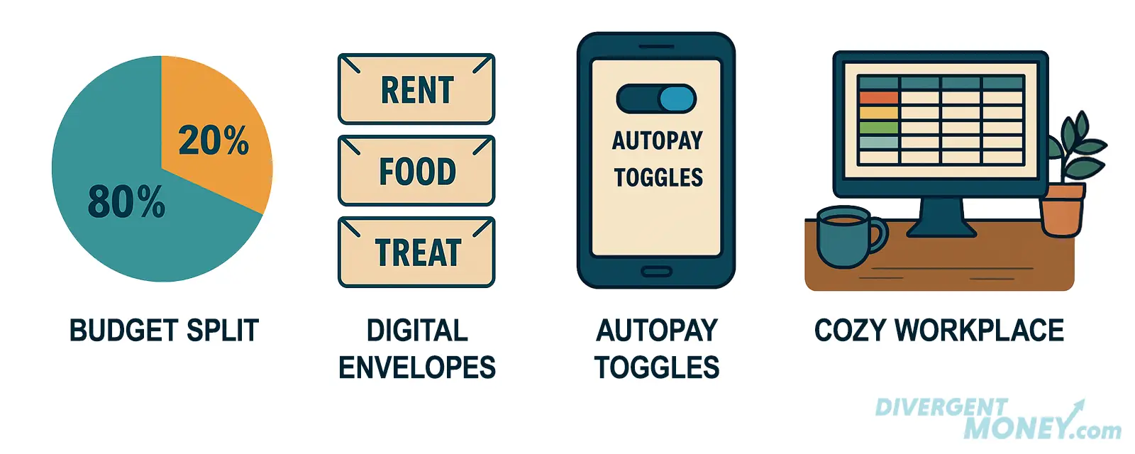 Neurodivergent Budgeting Tools - 80/20 budget split as pie chart; digital envelopes labeled RENT, FOOD, TREAT; autopay toggles on a phone; cozy workspace with coffee + color-coded spreadsheet on screen. 