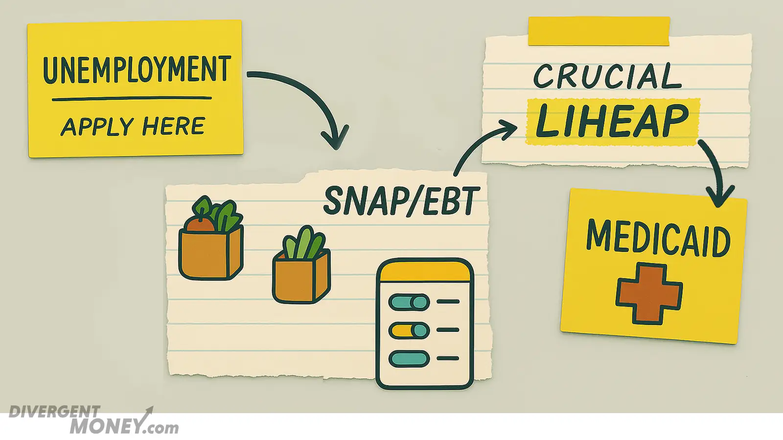 Flowchart infographic showing paths to support: UNEMPLOYMENT → SNAP/EBT → LIHEAP → MEDICAID.