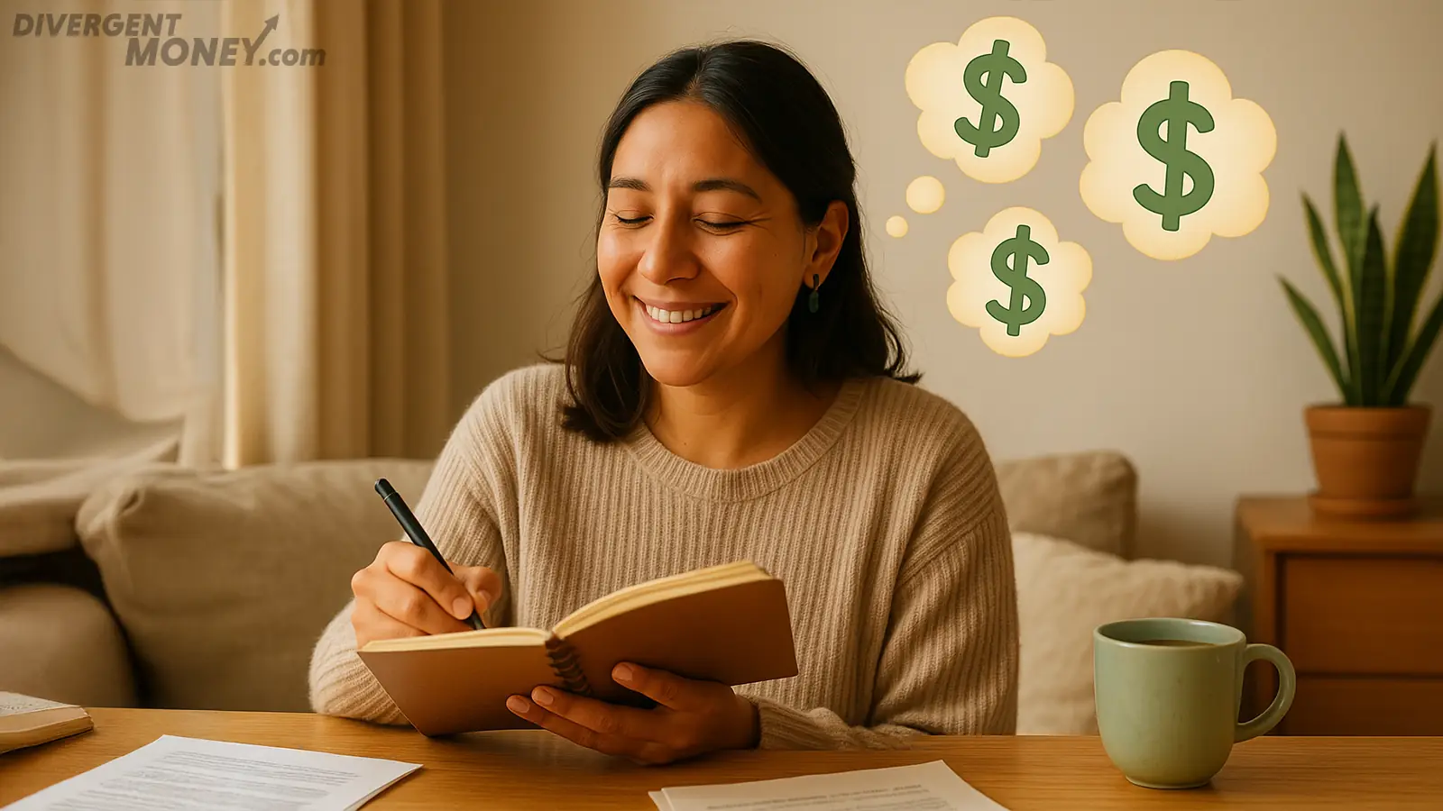 A woman in soft lighting journaling, with dollar signs floating above like thought bubbles.