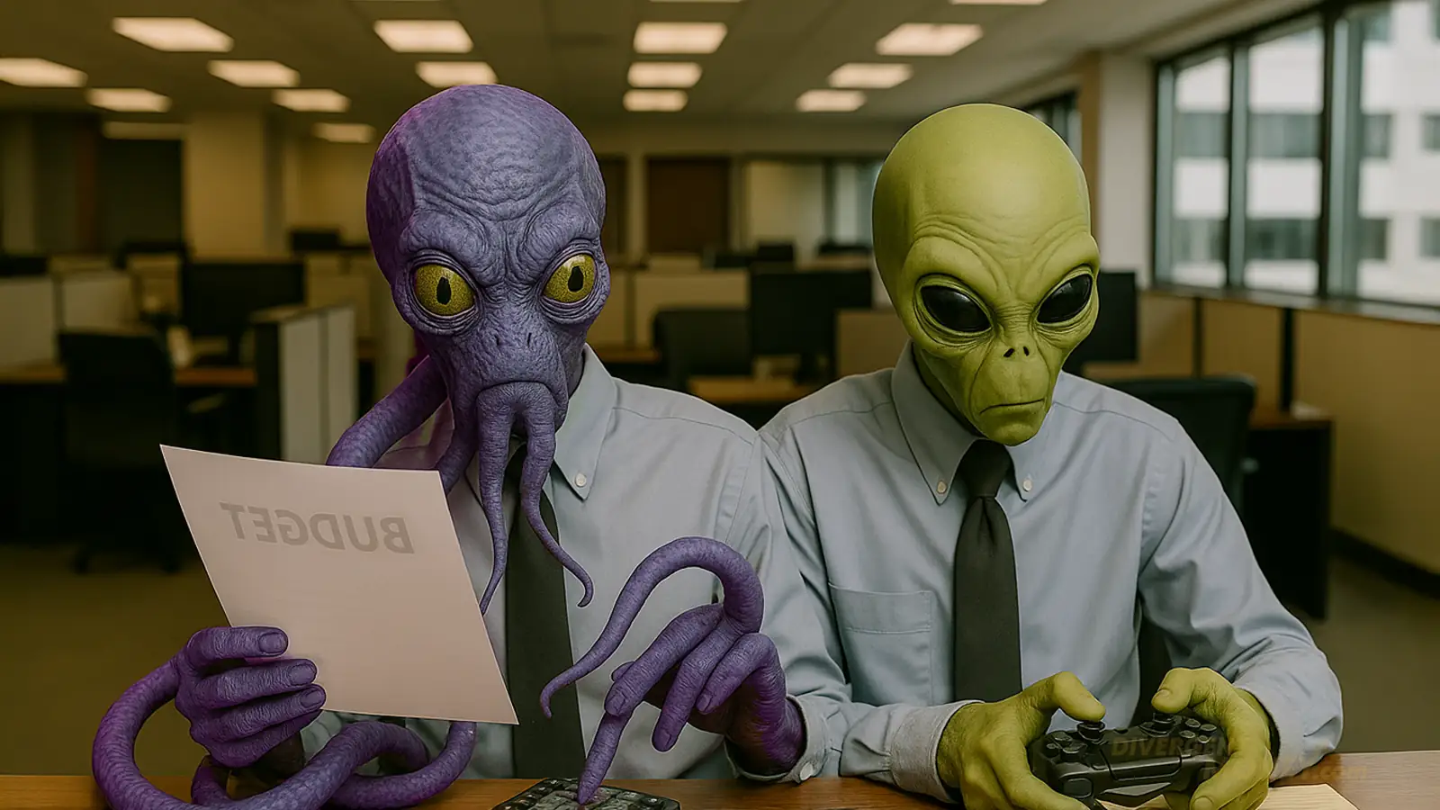 A two-headed alien in an office, distracted by games while trying to budget, highlighting neurodivergent money challenges.