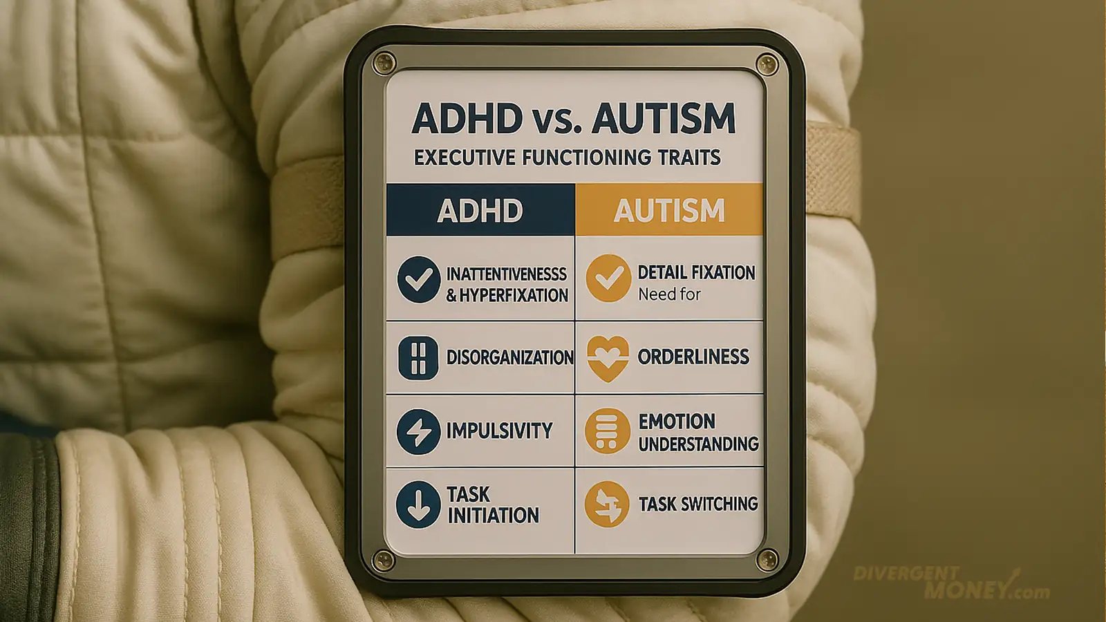 Side-by-side chart of ADHD and autism executive function traits using icons for clarity.