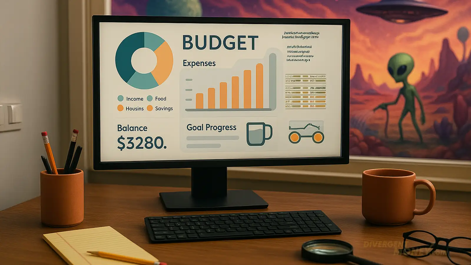 A gamified, pastel-themed visual budgeting tool designed for sensory-friendly use.