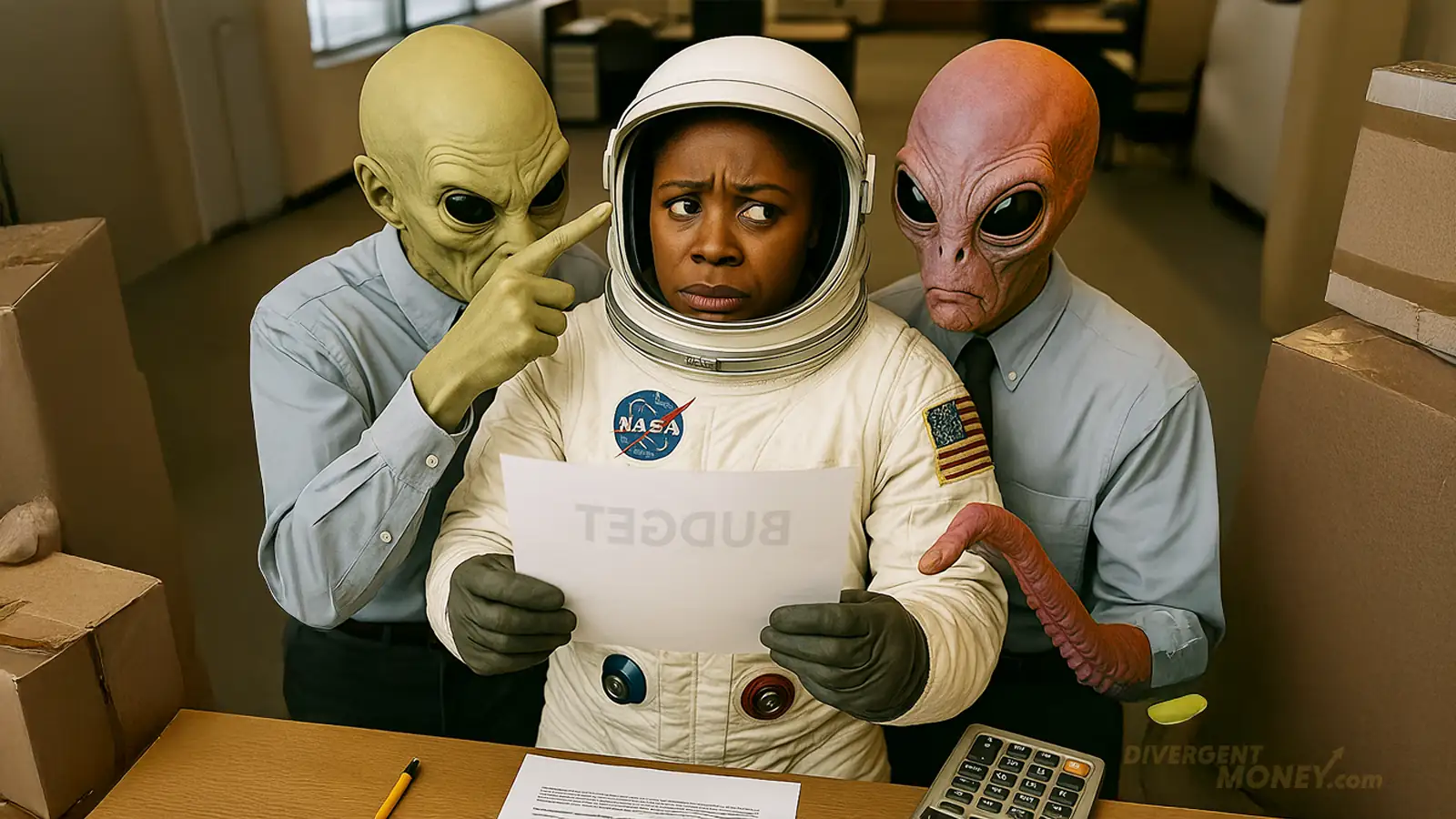 Confused astronaut with a budget sheet surrounded by alien accountants in a modern office.