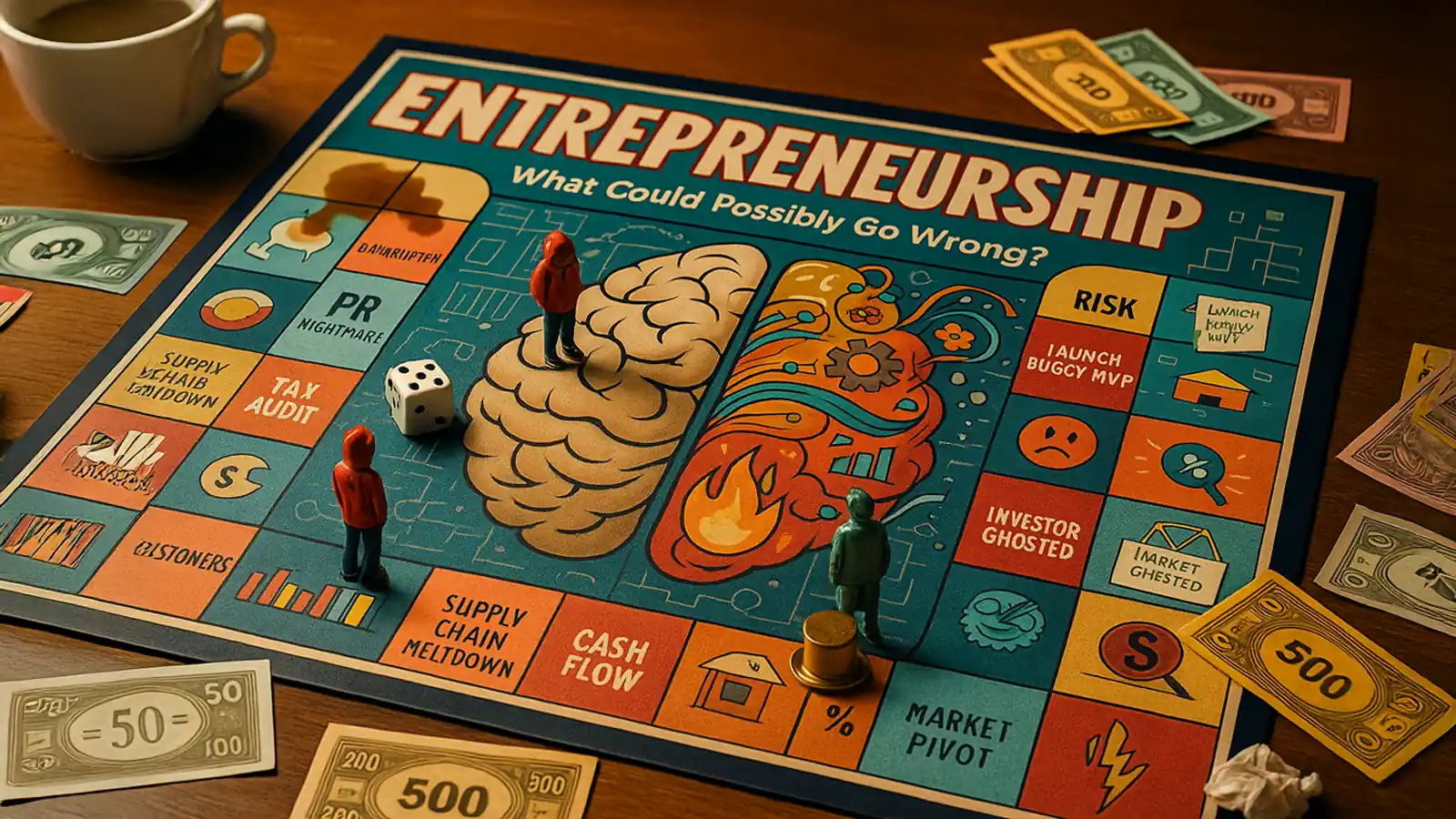 A photoreal board game titled “Entrepreneurship: What Could Possibly Go Wrong?” shows player tokens, fake money, and chaos tiles like PR Nightmare, Tax Audit, and Supply Chain Meltdown.