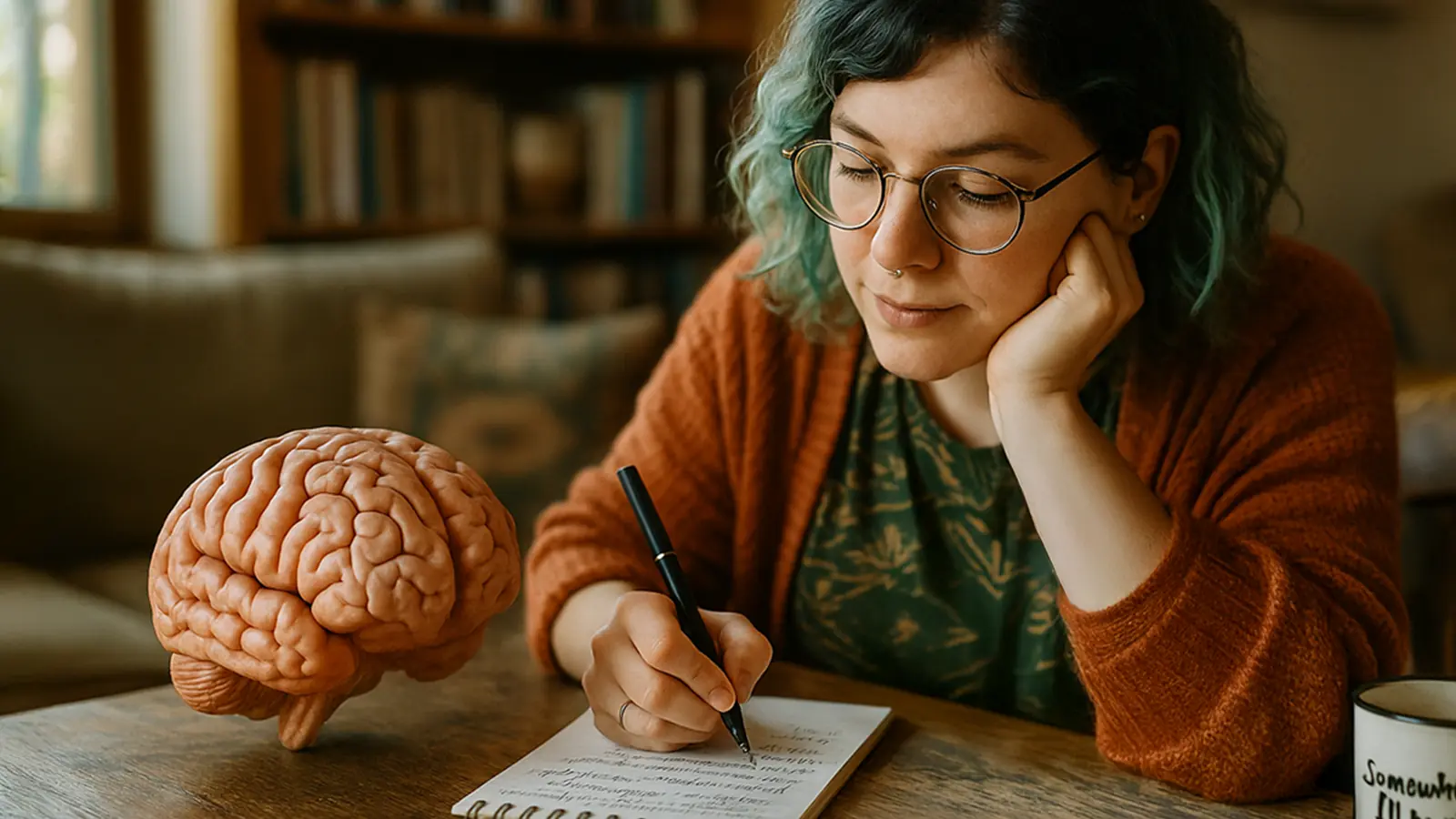 A woman sits at a cozy desk, writing thoughtfully in a notebook as a realistic brain sits nearby, suggesting partnership in self-awareness.