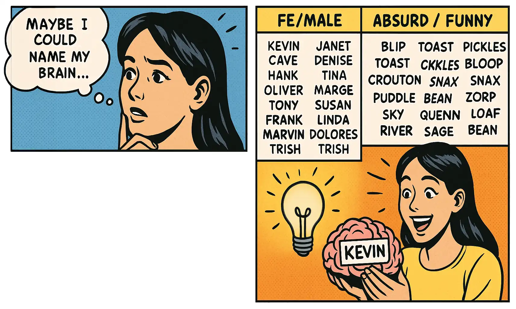 Comic panel showing a woman wondering if she should name her brain, followed by fun name lists and a lightbulb moment where she names it Kevin.