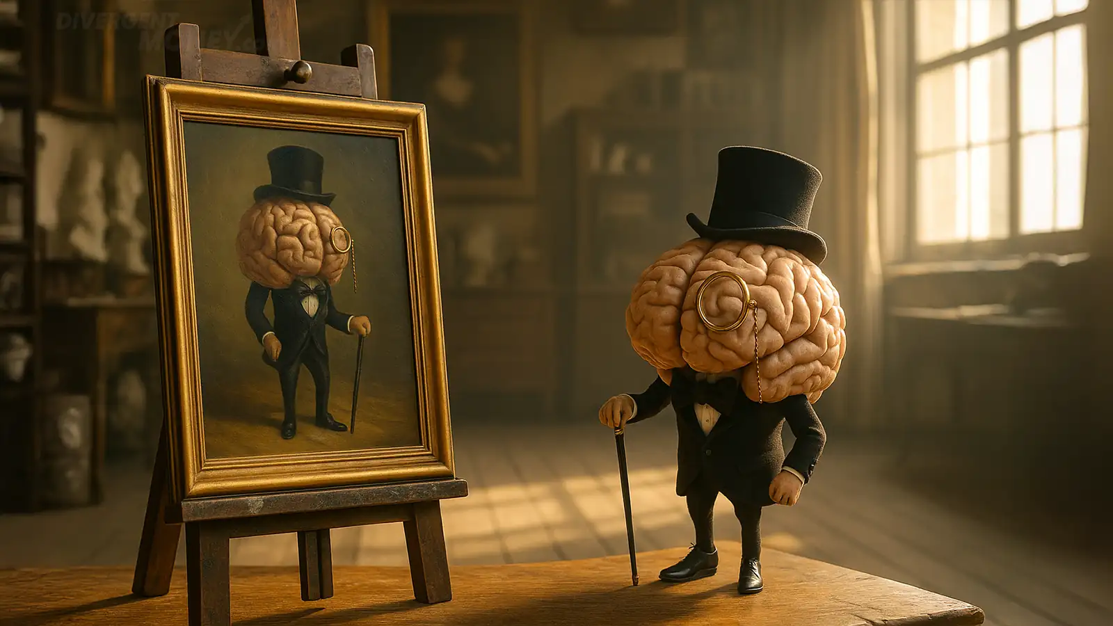 A formal oil painting of a brain in a top hat and monocle hangs on an easel beside the real-life version posing proudly in a vintage study.