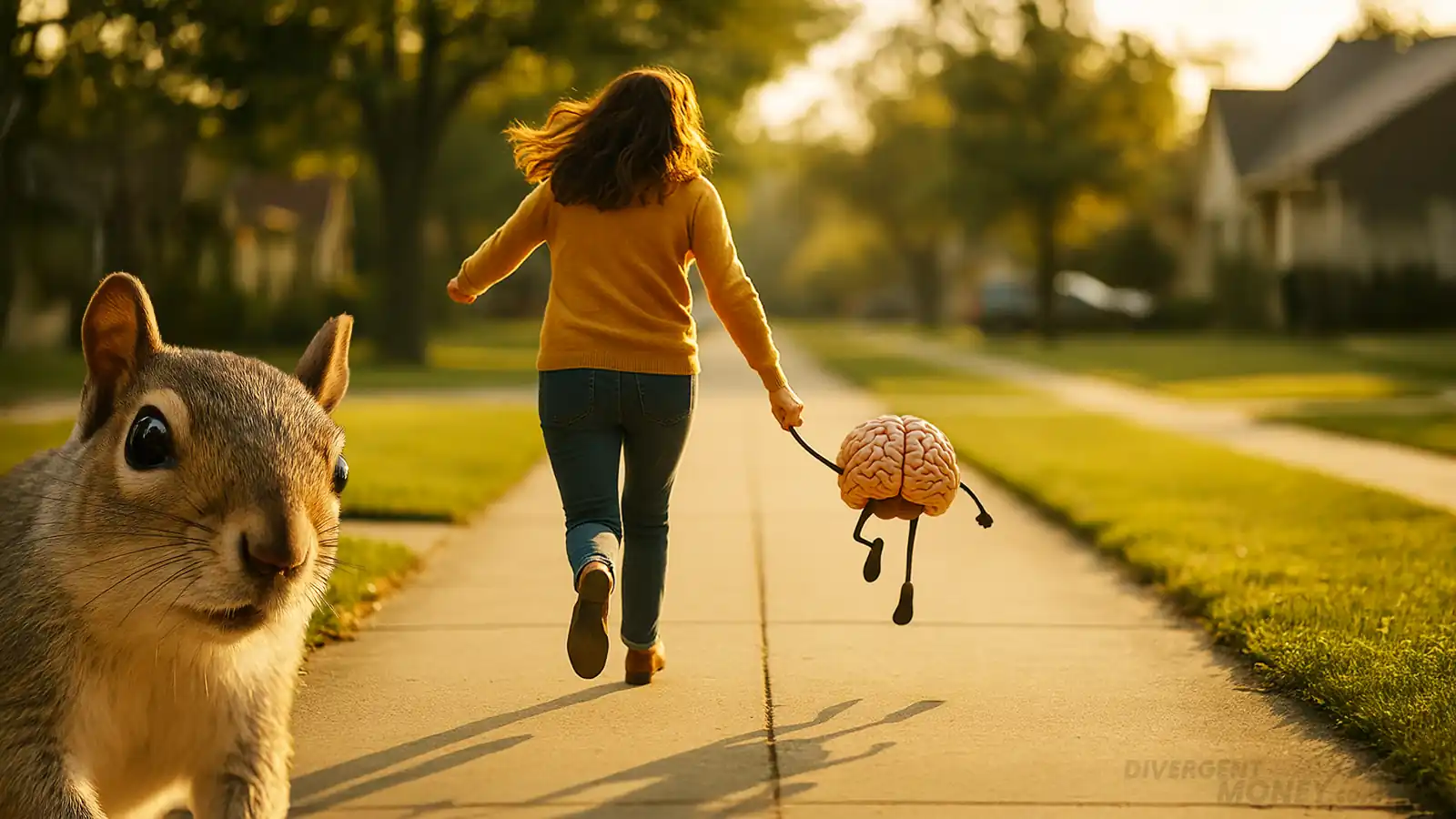 Kevin running into the sunset a befuddled squirrel looking on.