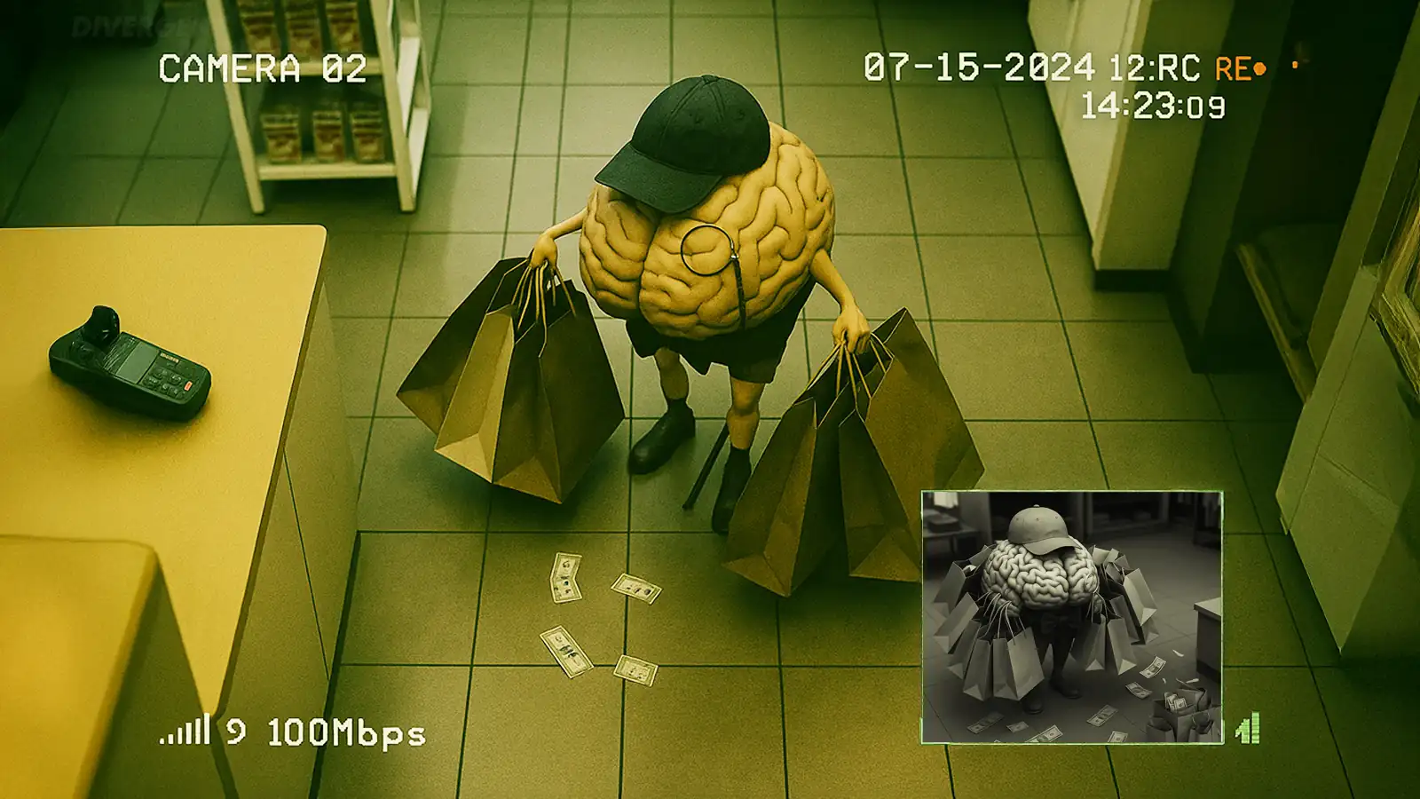Overhead CCTV-style image of a brain in a hat at a store, overloaded with shopping bags and dropping money on the floor at the checkout.