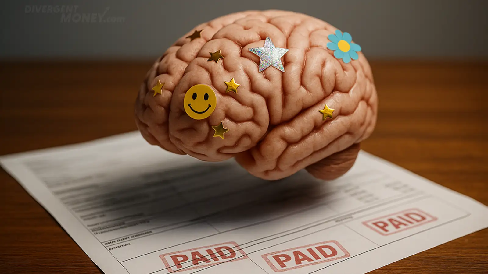 A realistic brain covered in reward stickers sits on a desk surrounded by paid bills, symbolizing progress through positive reinforcement.