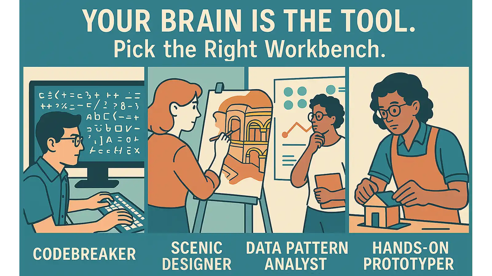 MONTAGE OF ND-FRIENDLY JOBS WITH LABELS: CODEBREAKER, SCENIC DESIGNER, DATA PATTERN ANALYST, HANDS-ON PROTOTYPER. 