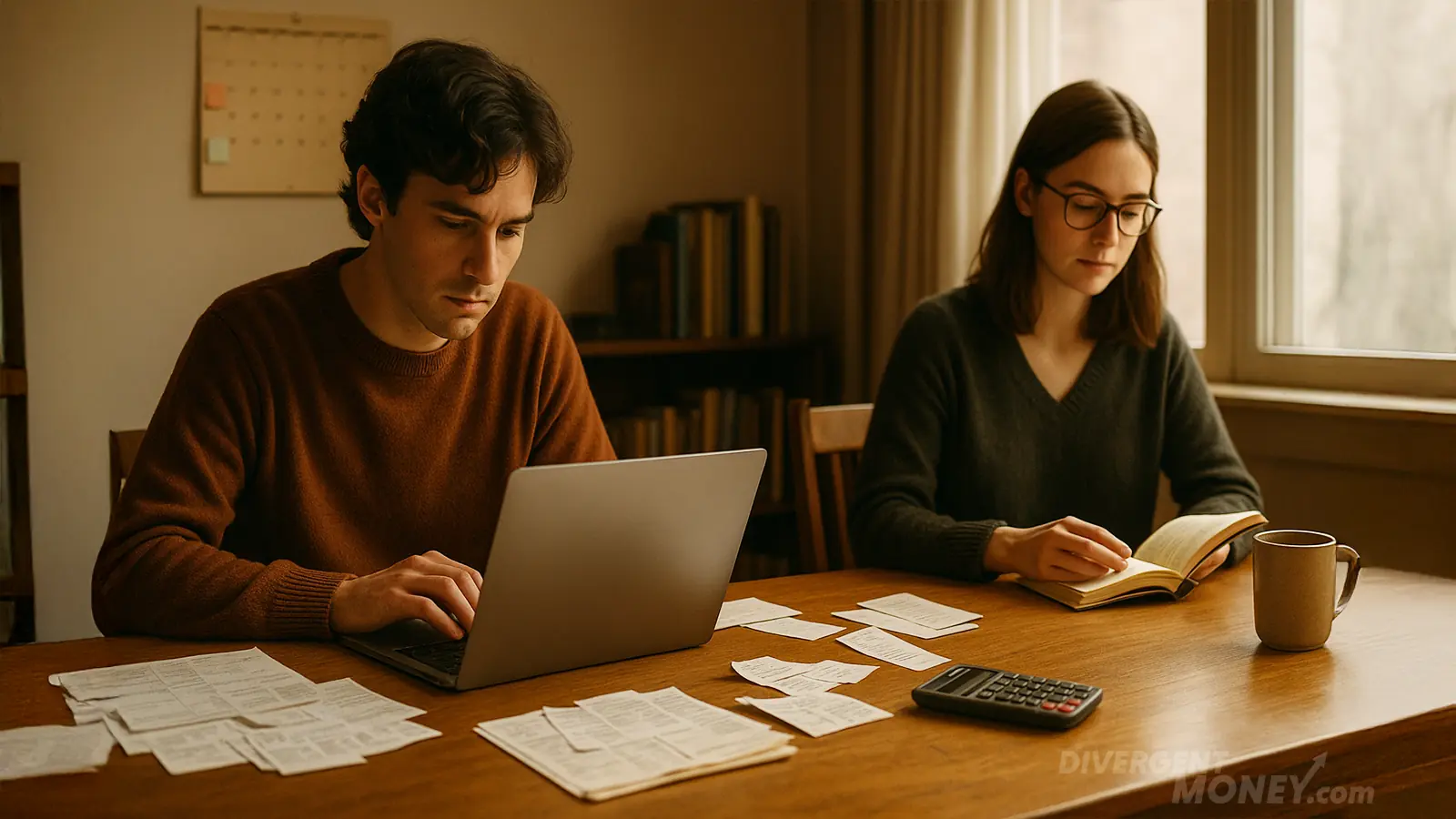 A man, working on a computer and surrounded by financial paperwork, is body doubling next to a woman reading a book.