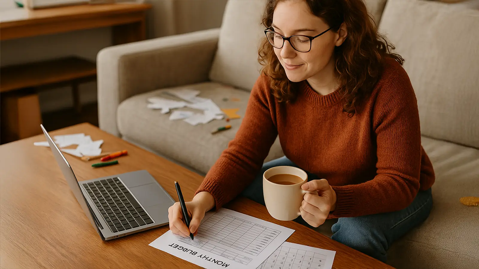 A NEURODIVERGENT ADULT DOING A WEEKLY MONEY CHECK-IN WITH A COZY TEA, LAPTOP, AND PAPER BUDGET PLAN — SAFE AND PEACEFUL VIBES