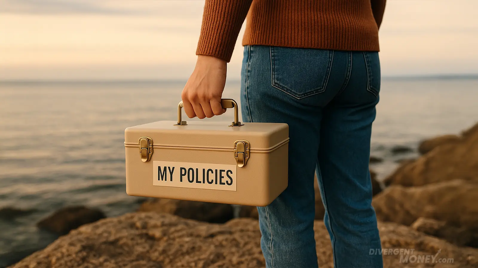 VISUAL METAPHOR OF A PERSON HOLDING A MONEY TOOLBOX LABELED “MY POLICIES,” STANDING ON A ROCKY SHORE WITH CALM WATERS AHEAD — STABILITY AND EMPOWERMENT