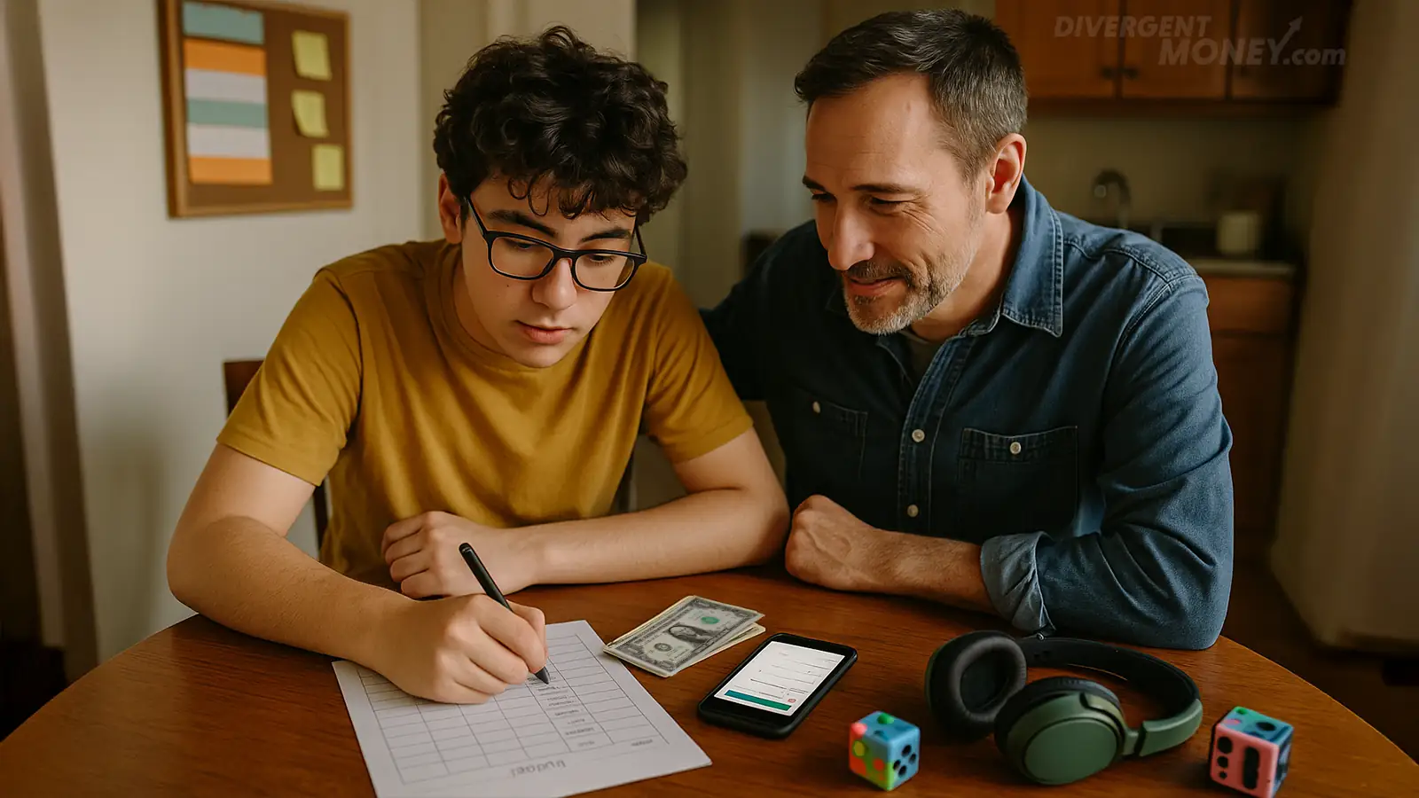 An image of a father coaching his teenager on basic budgeting skills at the kitchen table. Various sensory devices such as headphones are seen.