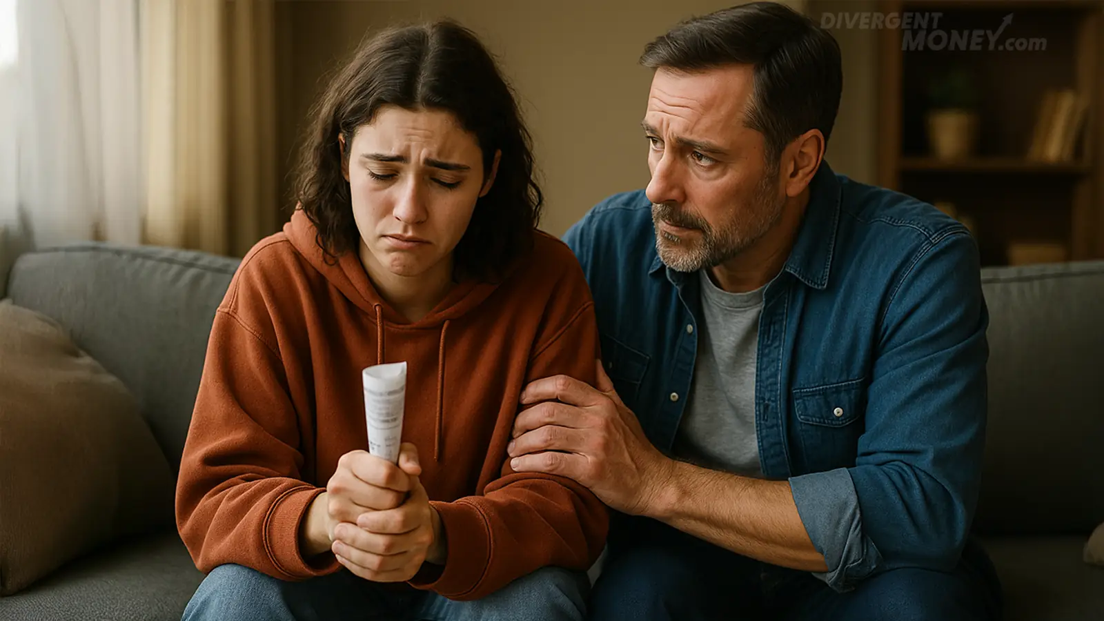 Father comforts neurodivergent teen over difficult money struggles.