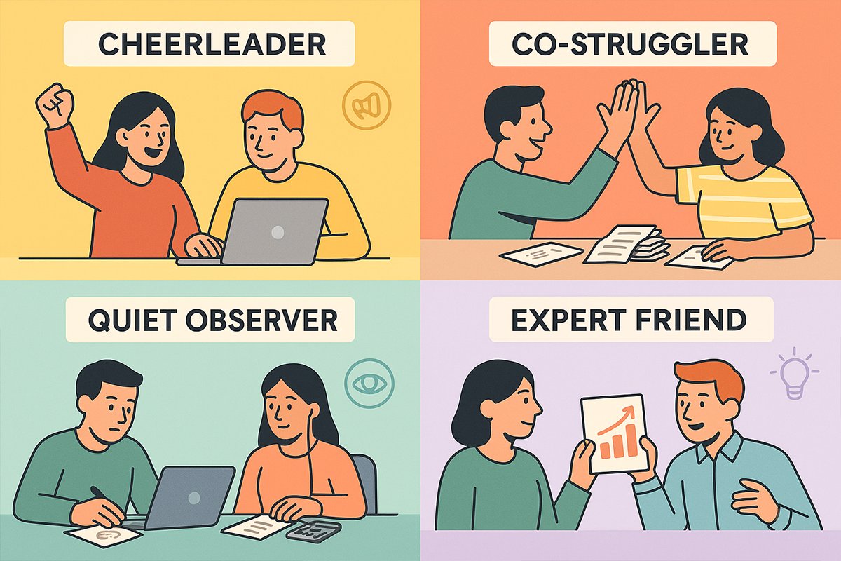 Cheerleader, Co-Struggler, Quiet Observer, Expert Friend illustrated in four colorful panels—Money Buddy archetypes for ADHD debt support.