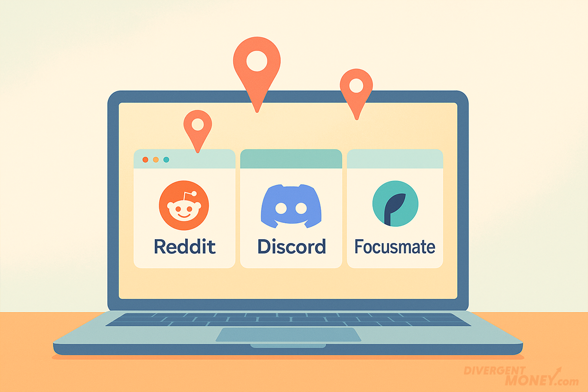 Laptop with Reddit, Discord, Focusmate tabs; three map pins pop from screen—visual guide to online Money Buddy communities for ADHD finances.
