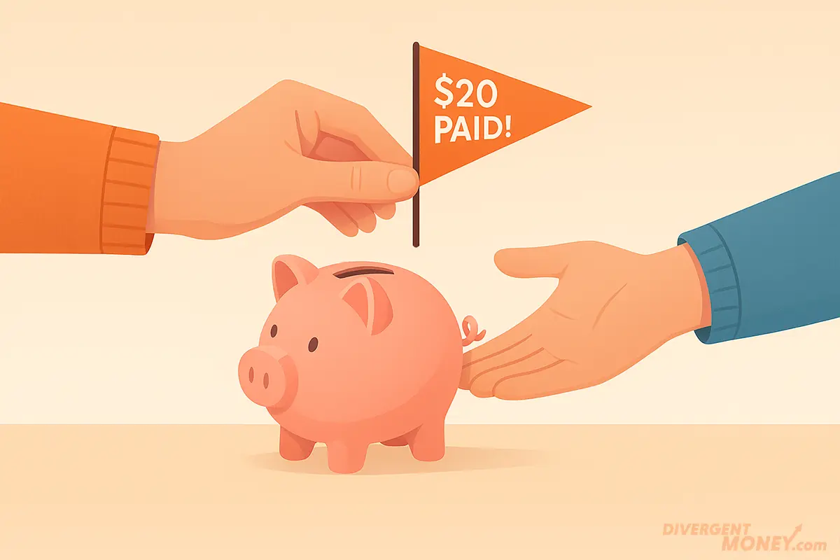 Casual hands plant ‘$20 PAID!’ flag over pink piggy bank, celebrating a micro-win and human accountability in ADHD budgeting | Divergent Money.