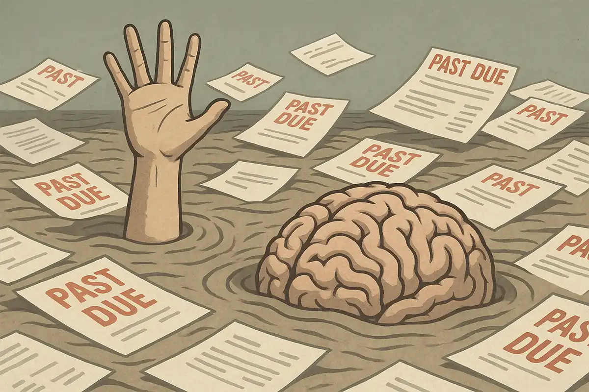 Brain half-submerged in quicksand of red ‘PAST DUE’ bills, hand reaching up—shows executive-function overwhelm for neurodivergent debt.