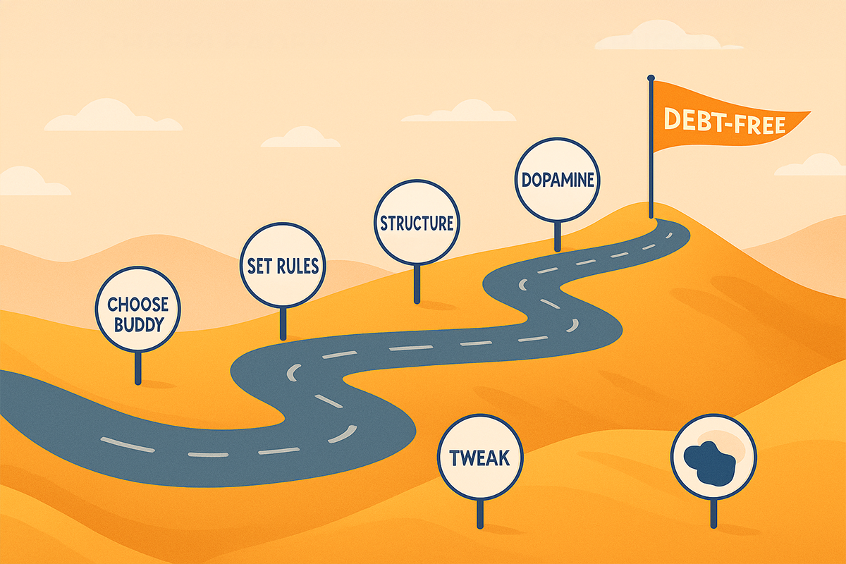 Winding road with mileposts—Choose Buddy, Set Rules, Structure, Dopamine, Tweak—ending at ‘Debt-Free’ flag; ADHD-friendly payoff journey.