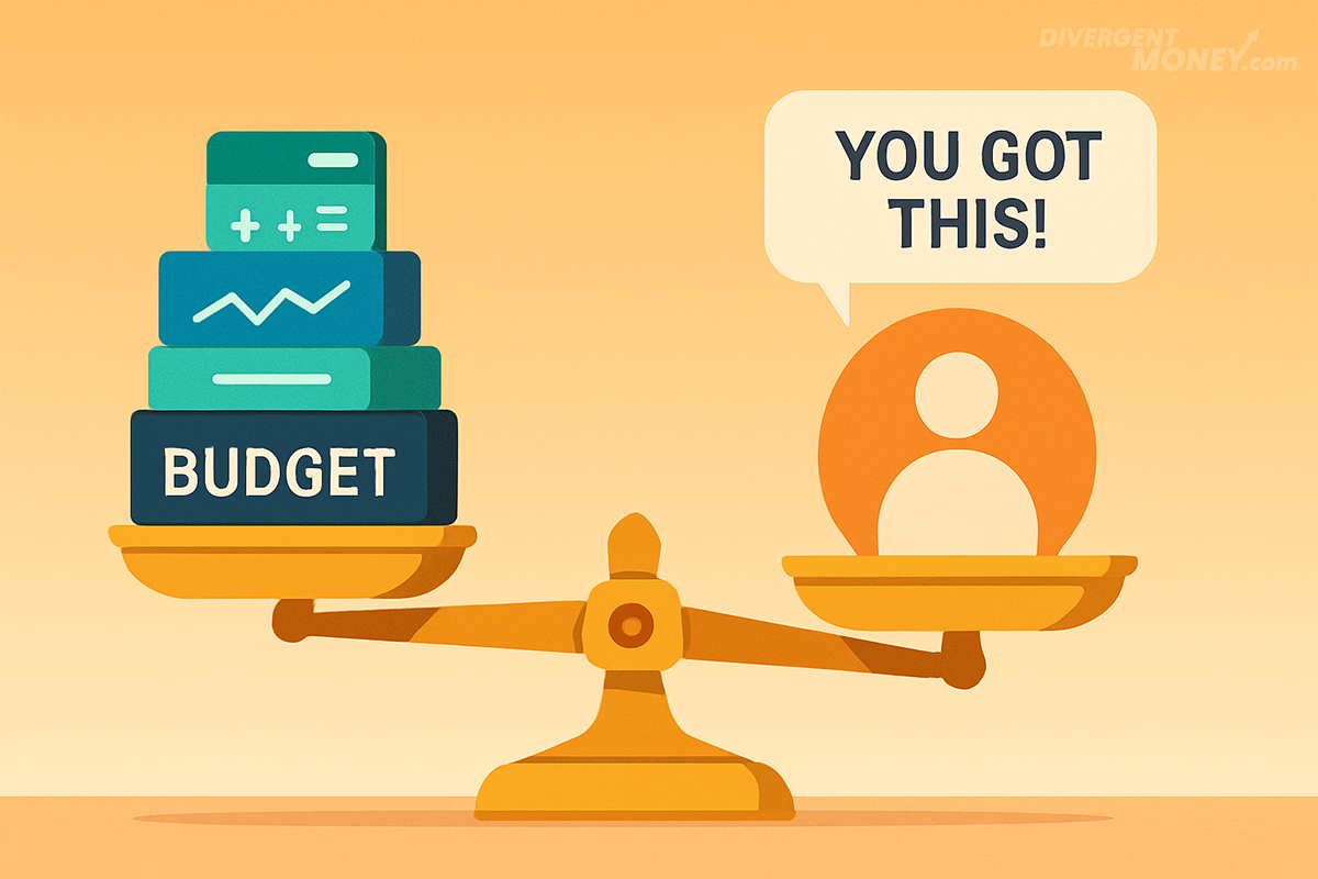 Gold scale tips toward human icon saying ‘YOU GOT THIS!’ while stacked budget apps sit heavier—human support beats fintech tools in debt payoff.