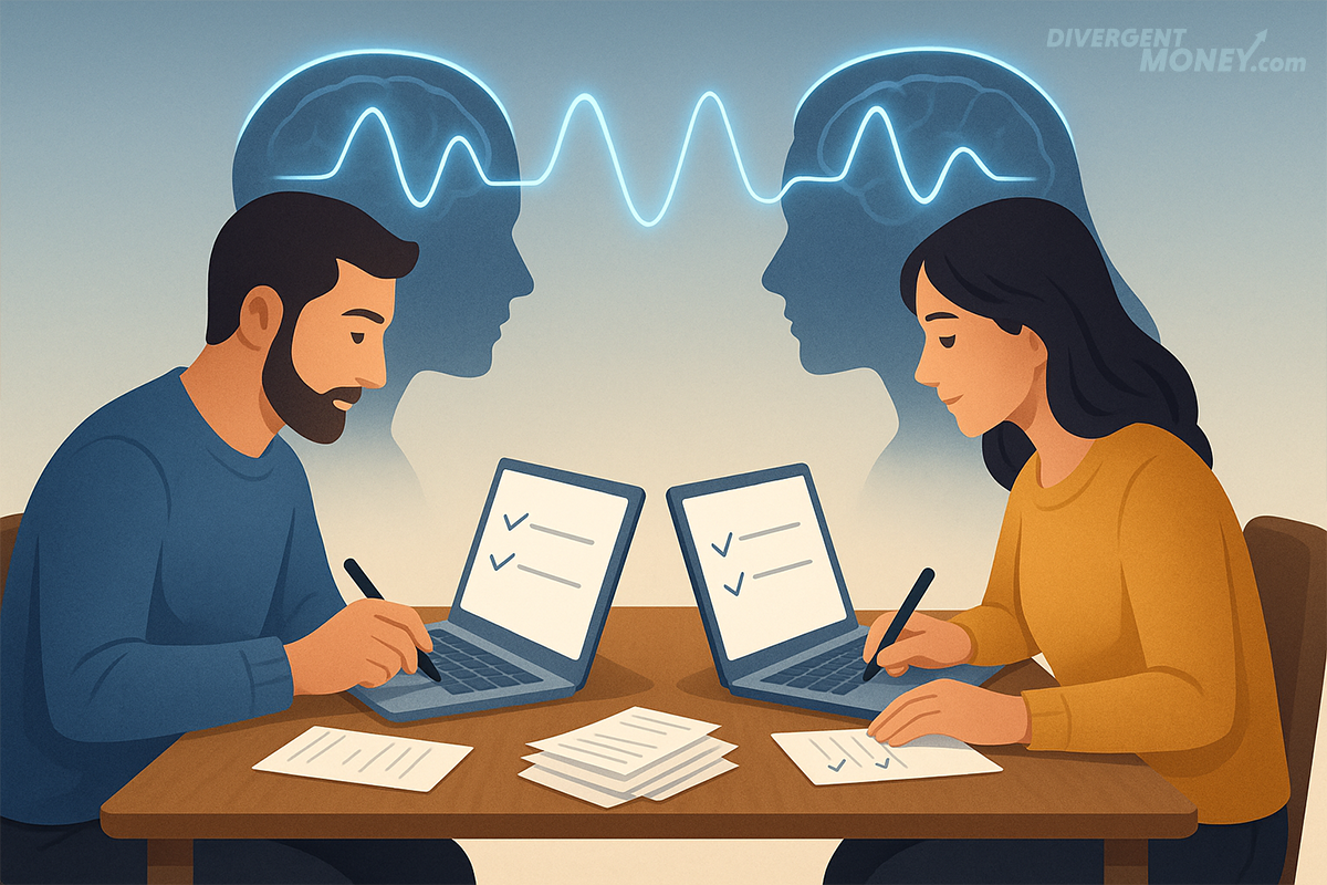 Two people at separate desks, brainwave overlay connecting them as tasks get checked off—body-doubling focus hack for neurodivergent money tasks.