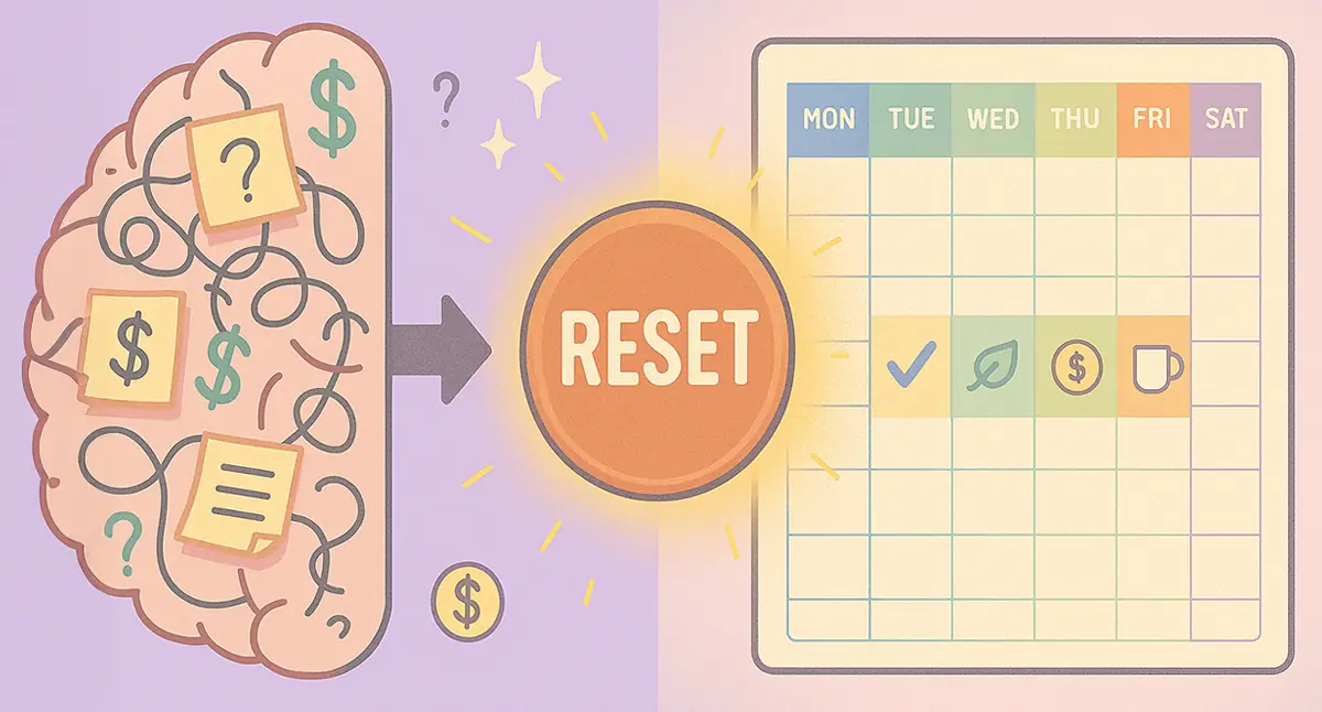 A digital illustration shows a chaotic brain full of wires, money symbols, and sticky notes gradually transforming into a clean 7-day calendar. The image symbolizes how Reset Week turns mental clutter into rhythm through daily financial rituals.