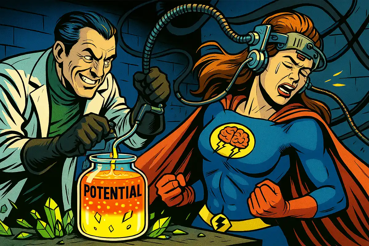 An evil villain draining potential from a female superhero with a brain emblazened on her costume.