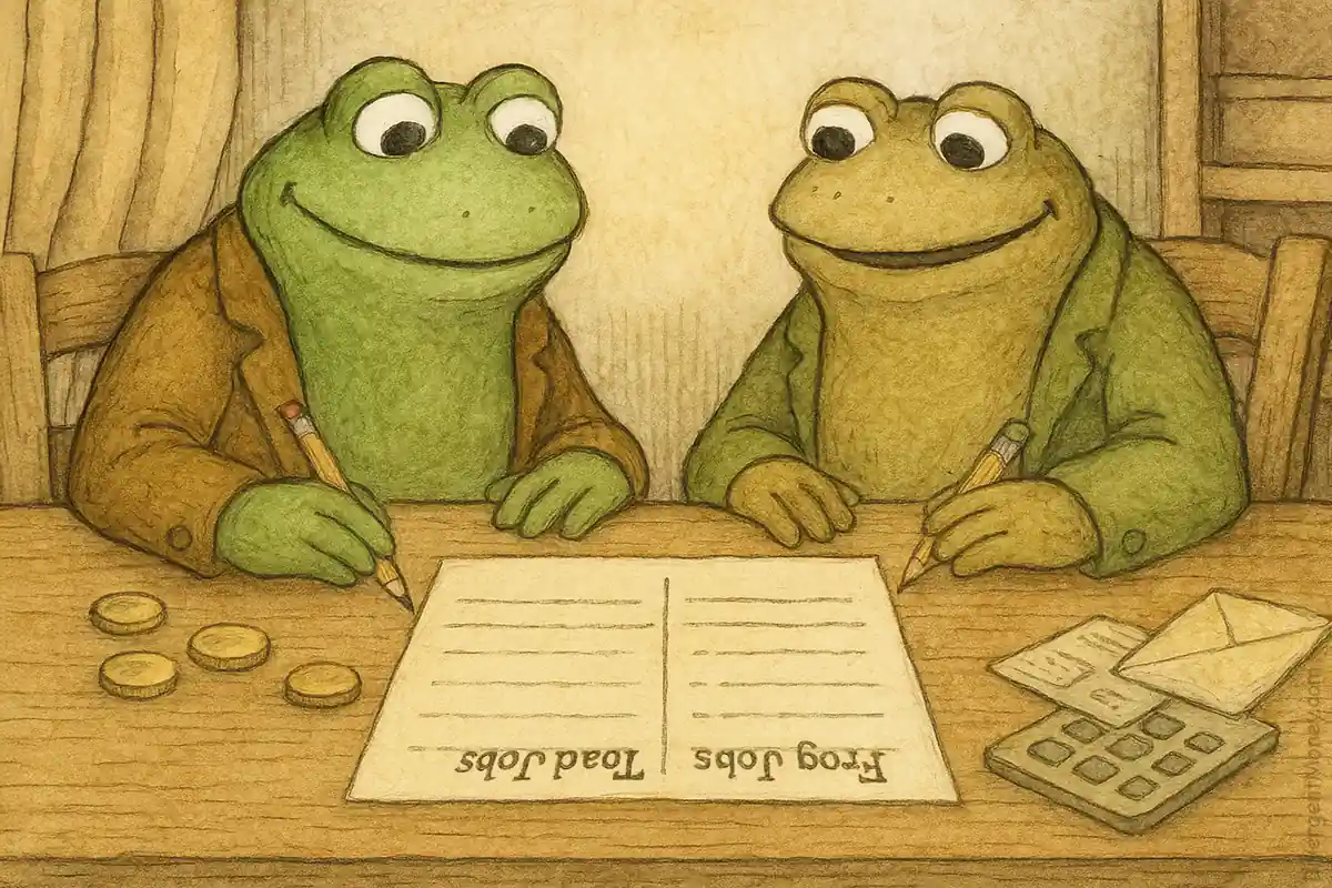 Frog and Toad happily divide financial tasks at a shared kitchen table.