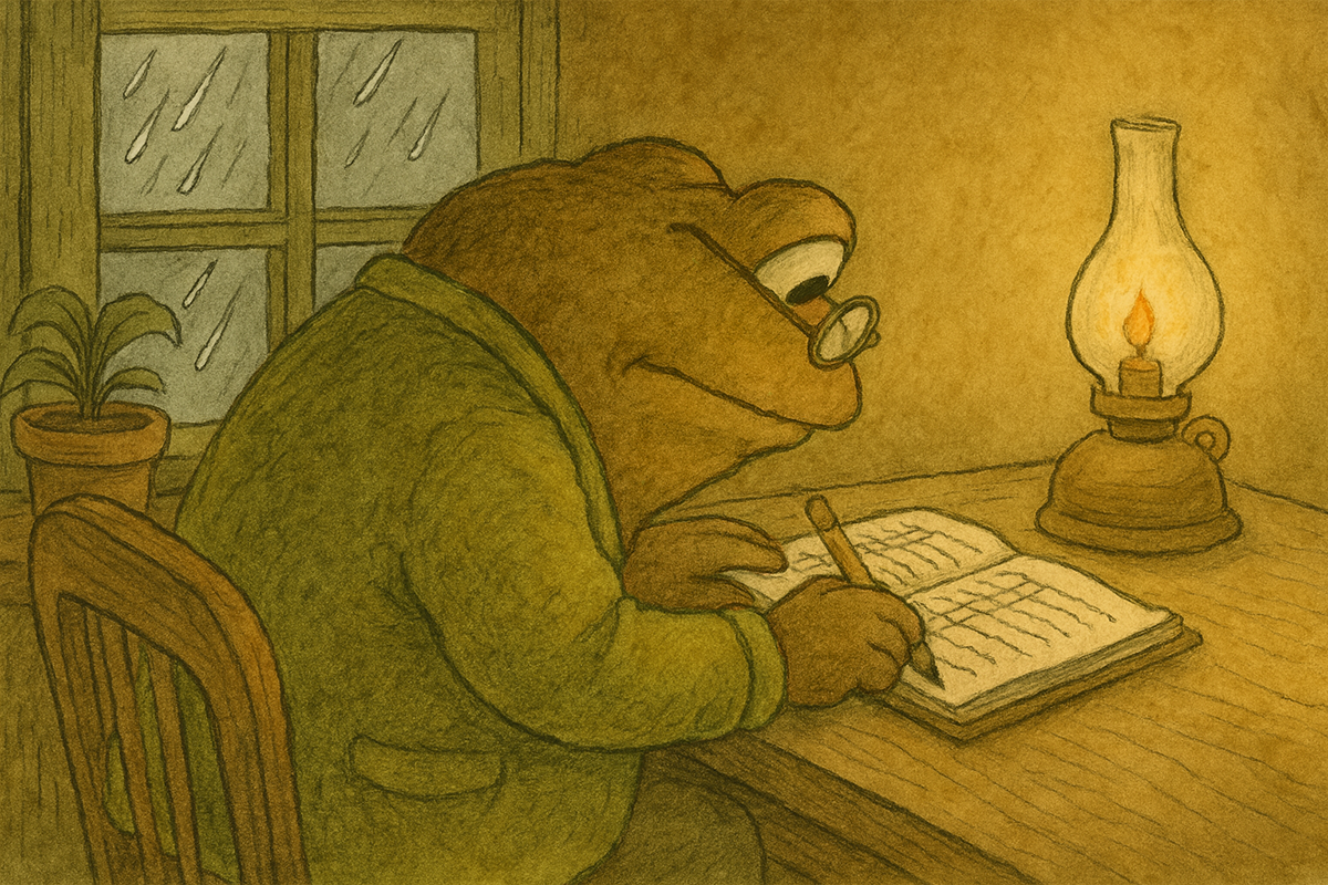 Toad reviews a handwritten budget at a kitchen table on a rainy evening.