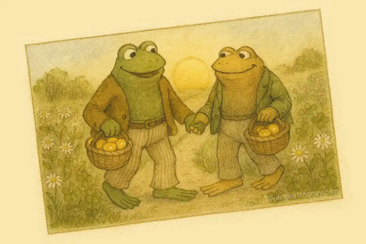 Frog and Toad walk together in a blooming garden carrying baskets of vegetables and coins.