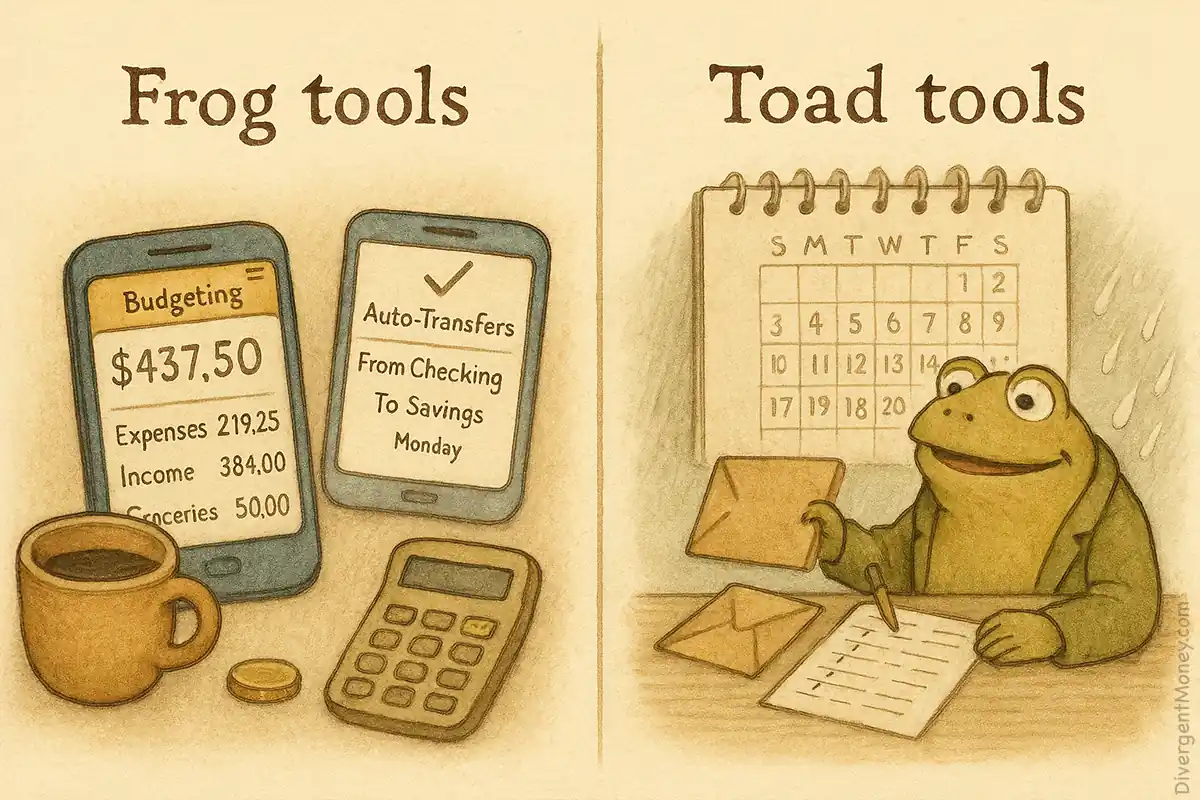 Two sets of financial tools side-by-side: digital for Frog, analog for Toad.
