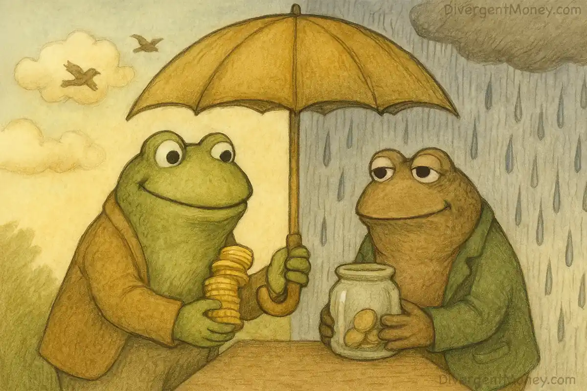 Frog in sunshine and Toad in rain share the same umbrella.