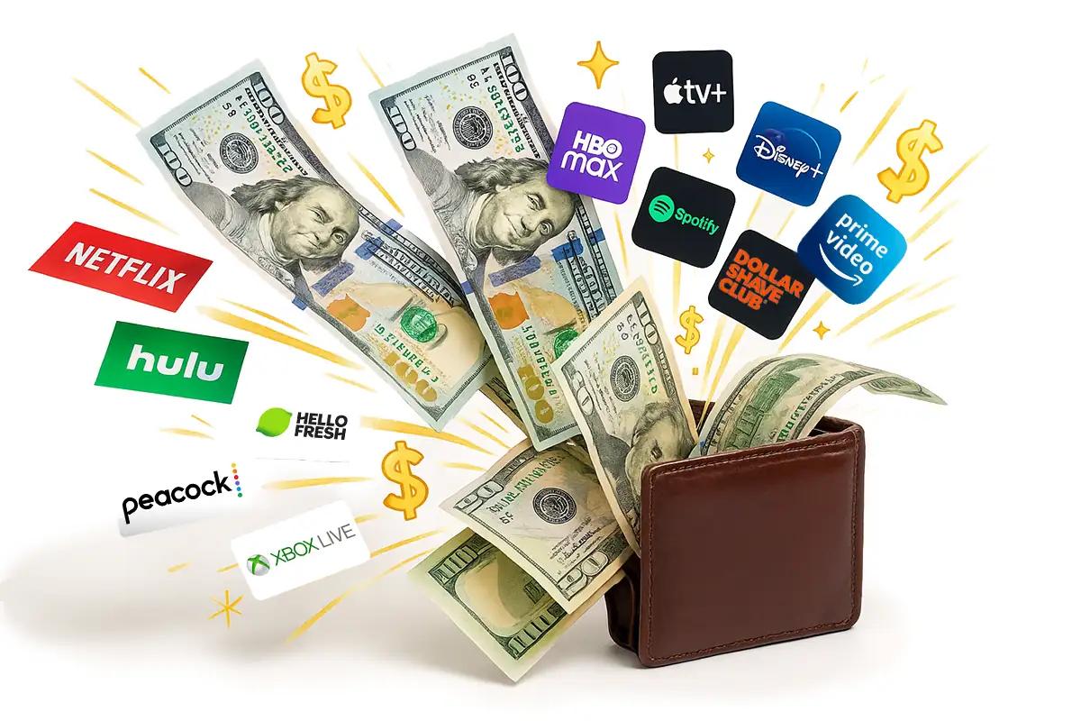 Photorealistic wallet overflowing with U.S. $100 bills and subscription service logos including Netflix, Hulu, HBO Max, Disney+, Prime Video, Spotify, Apple TV+, Peacock, HelloFresh, Dollar Shave Club, and Xbox Live. Animated dollar signs and spark effects emphasize money draining away.