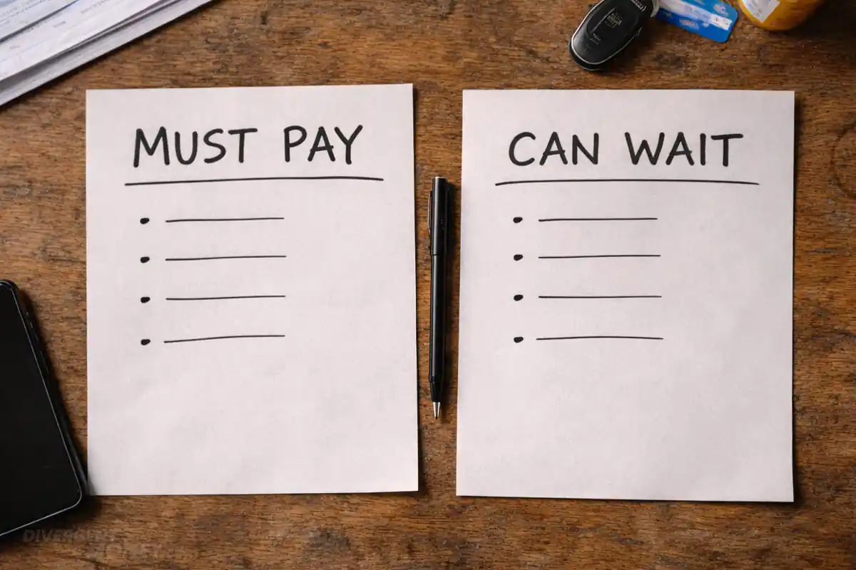 Two handwritten pages reading "Must Pay" and "Can Wait" with lines beneath, ready to be filled out.