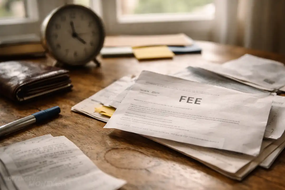 Cluttered wooden table in morning light with opened envelopes and a paper statement showing the word “FEE,” with a wallet, receipt, pen cap, and an analog clock in the background.