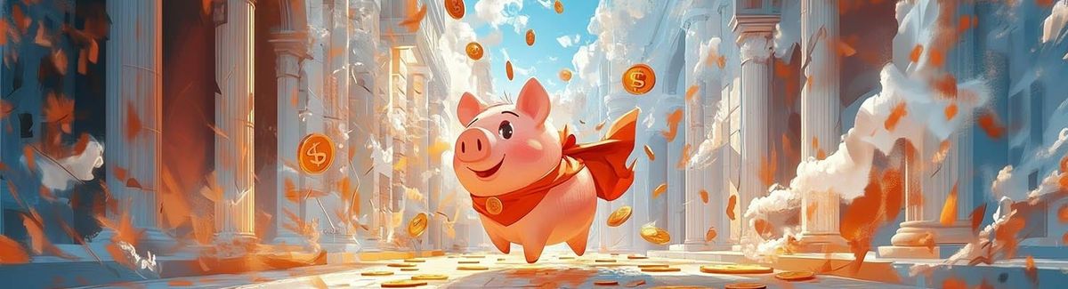 Emergency Funds to the Rescue, a piggy bank dressed as a superhero with gold coins falling from the sky