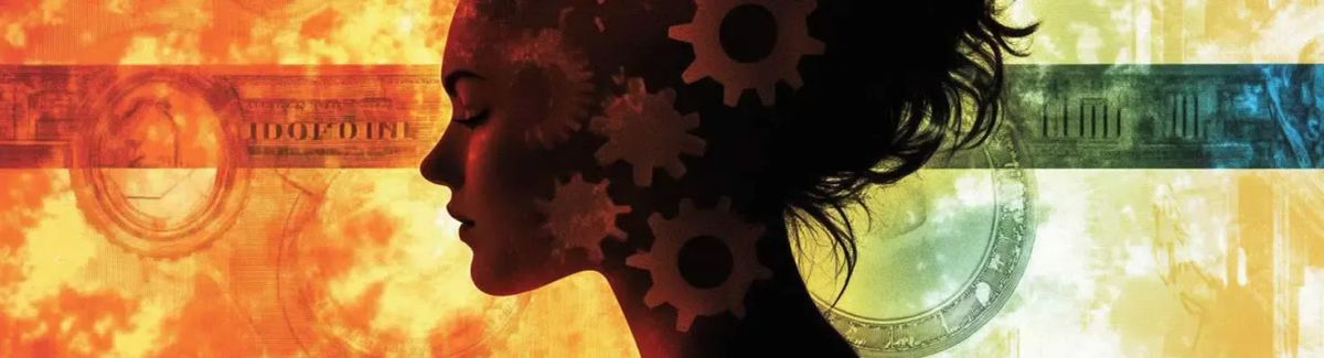 Silhouette of a woman with gears in her head, symbolizing ADHD and financial mindset, overlaid with money and time elements.