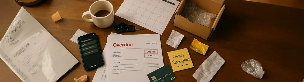 A messy desk filled with overdue bills and uncanceled subscriptions.