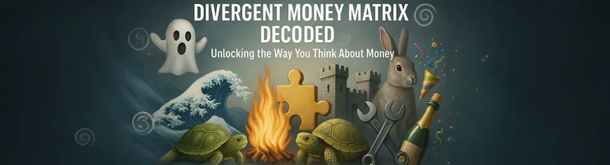 Emojis representing the Divergent Money Matrix types floating around a fire.