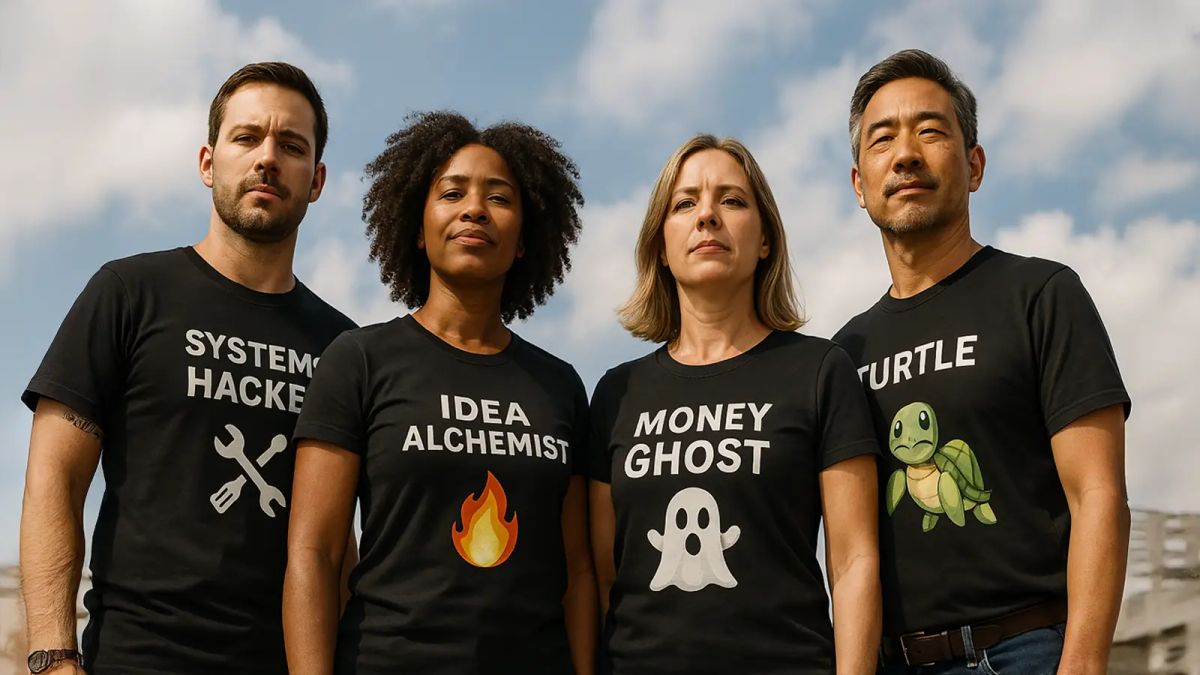 Four neurodivergent Money Types standing next to each other, a Systems Hacker, an Idea Alchemist, a Money Ghost, and a Turtle