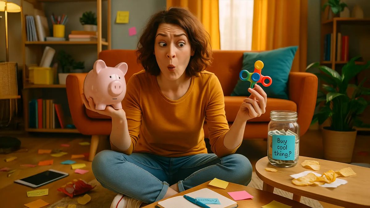 A young adult with ADHD surrounded by distractions, holding a piggy bank and fidget toy, deciding whether to save or spend in a cozy, slightly messy room filled with visual cues.