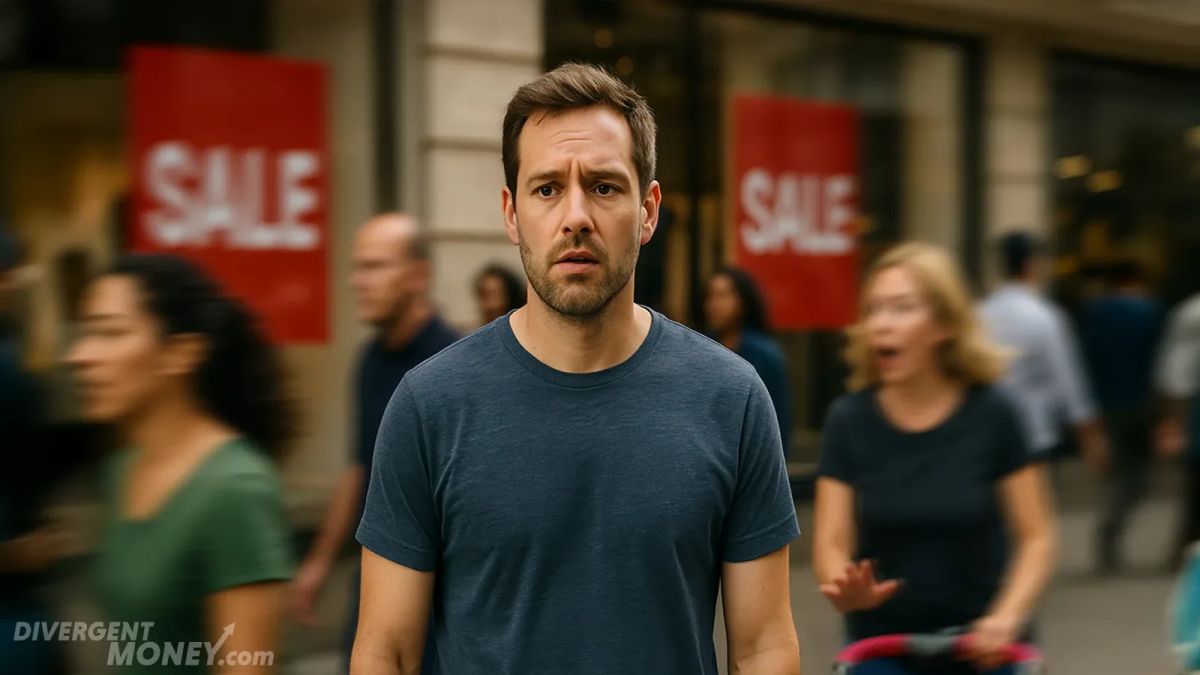 A neurodivergent man struggling to process the chaotic world around him with fast moving people and sale signs all around him.