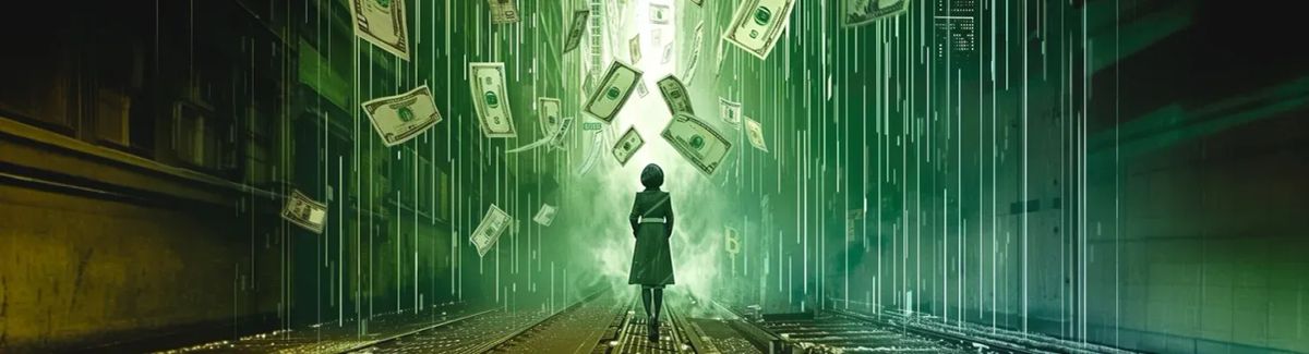 A digital matrix-like scene with dollars raining down on a woman walking through an alley.